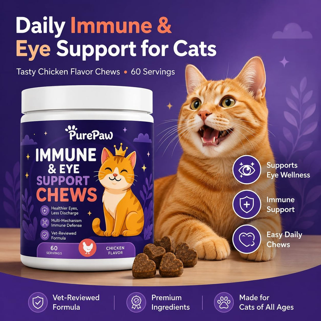 Immune & Eye Support Chews for Cats, Chicken Flavor