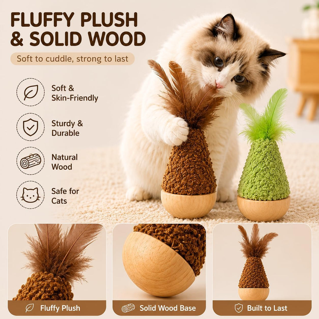 2-Pack Interactive Self-Righting Wobble Cat Toy with Feather