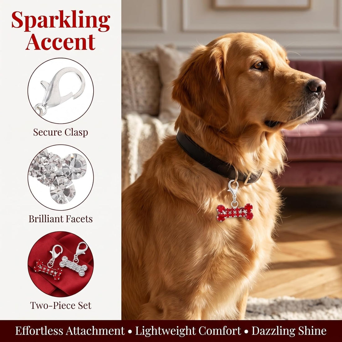 2Pcs Red Alloy Rhinestone Dog Bone Pet Collar Charm Pendant