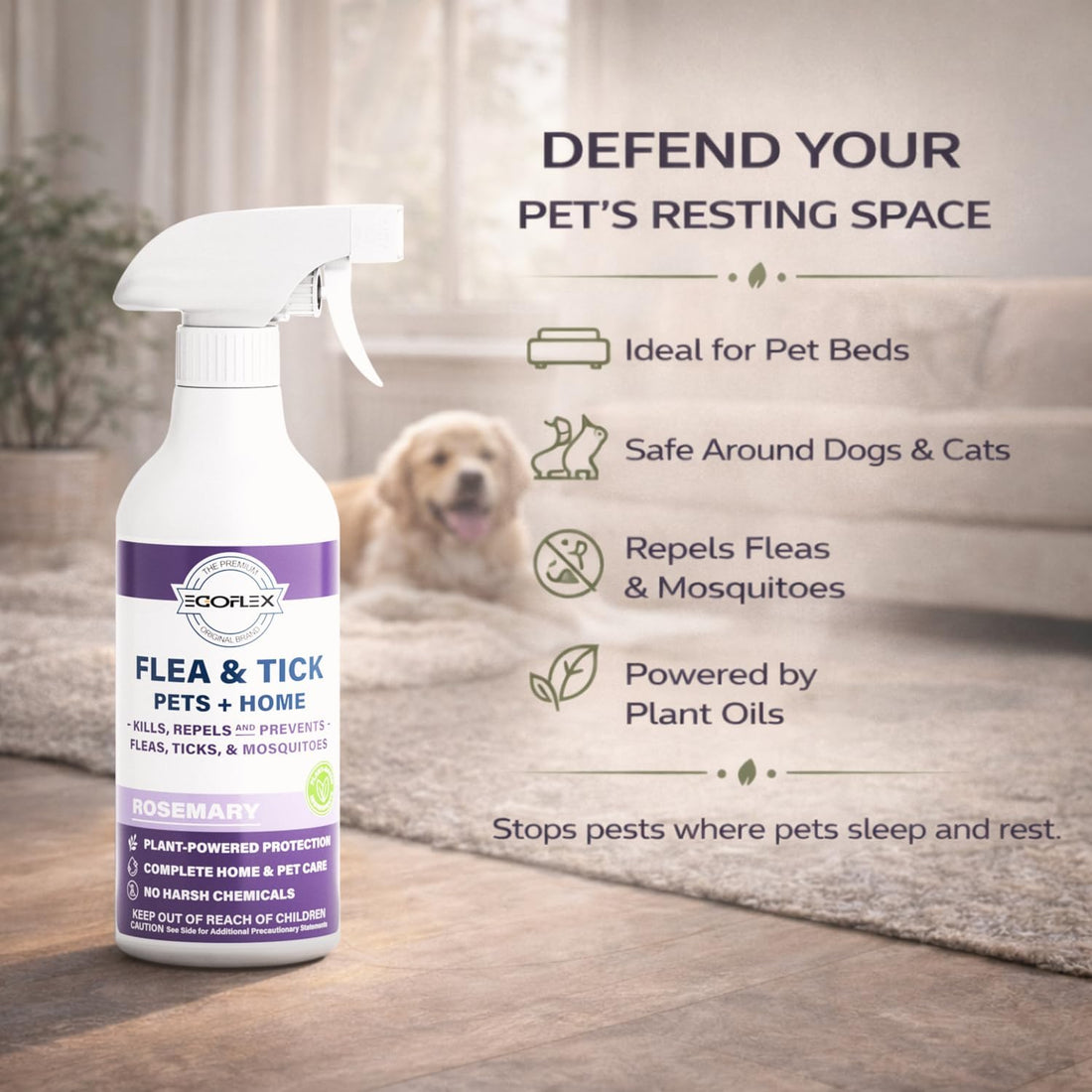 Flea Spray for Home & Pets Plant-Based Repellent with Rosemary Scent