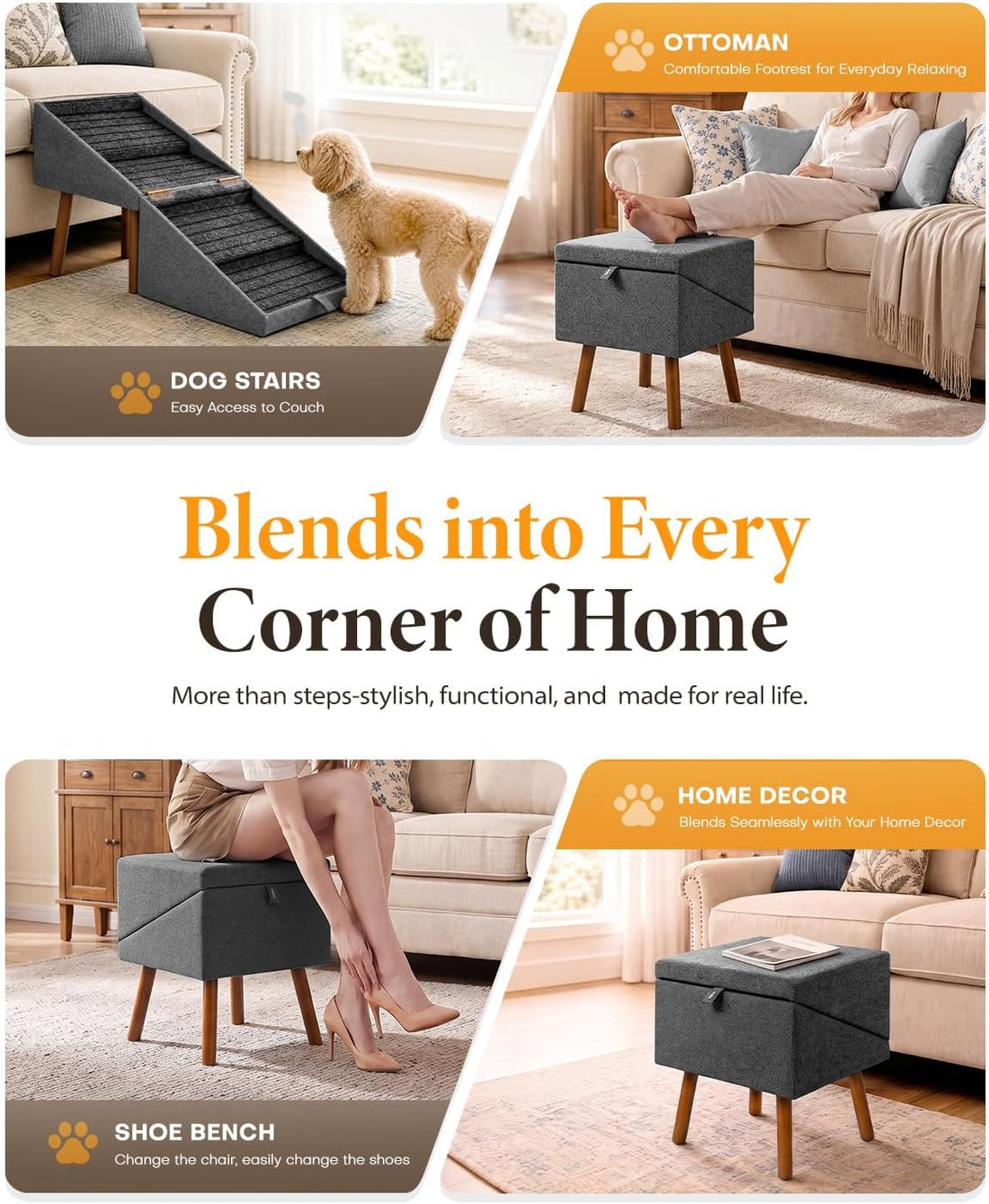 17" H Foldable Pet Steps for Sofa, Non-Slip Ramp Stairs