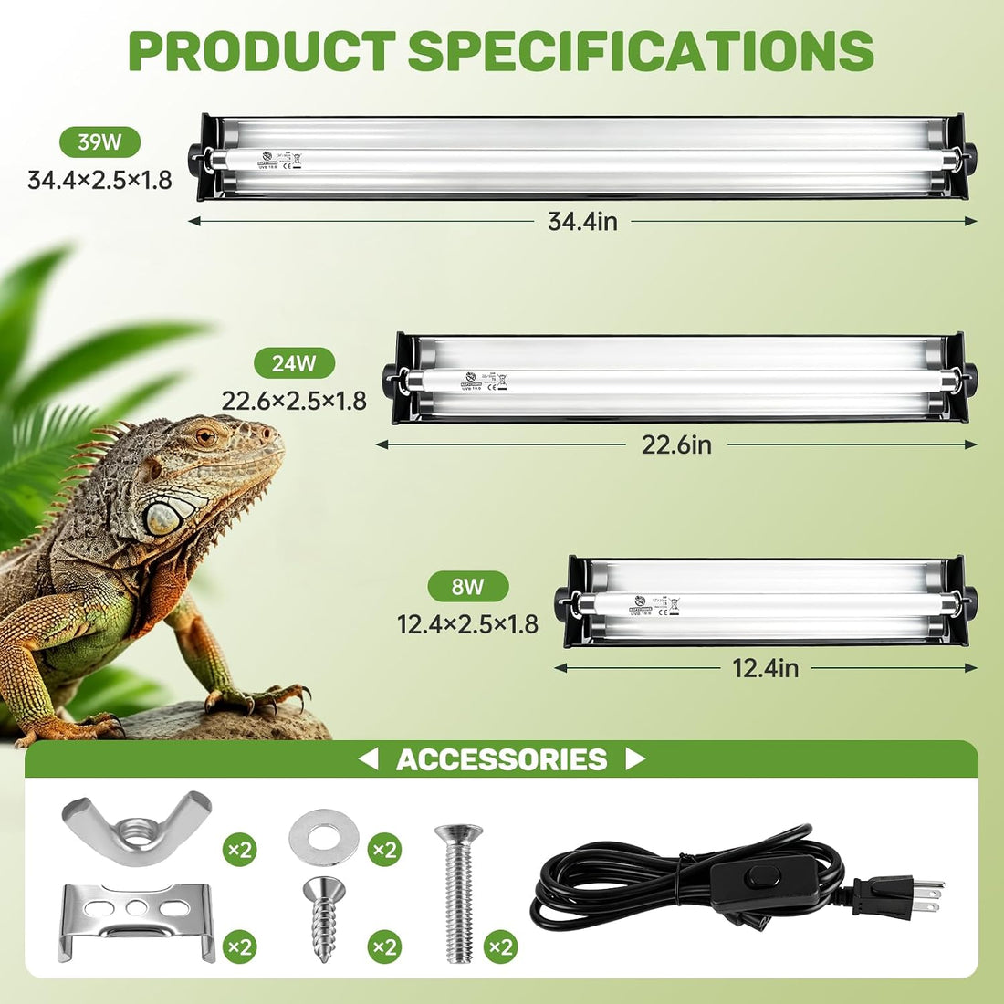 T5 UVB Reptile Light Fixture, 8W 10.0 UVA UVB Light Bulb 12"