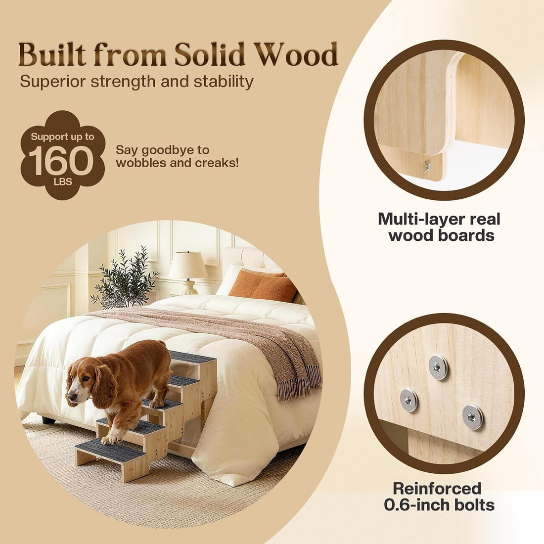 5-Step Wooden Dog Steps for Bed, Anti-Slip Dog Stairs with Carpet Pads