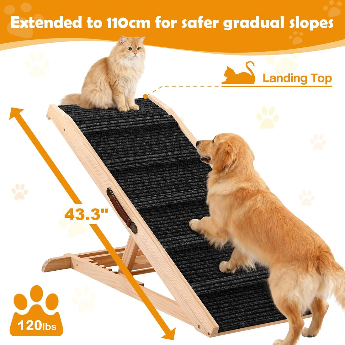 43" Foldable Dog Ramp 6-Level Adjustable Non-Slip for Bed Couch Car