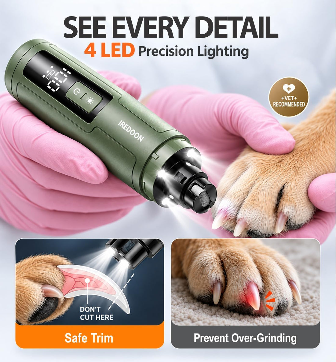 IREDOON Dog Nail Grinder with 4 LED Lights