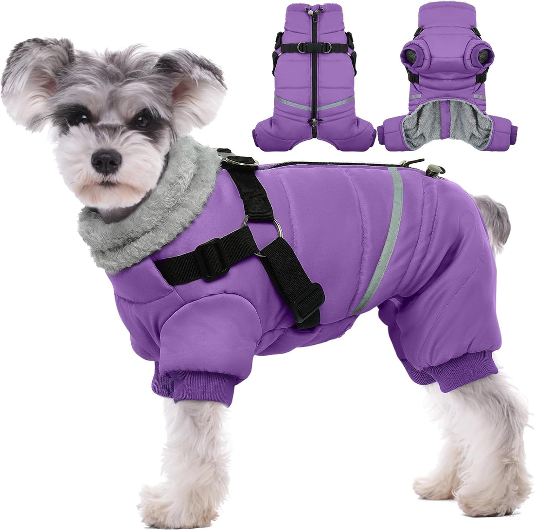 BRKURLEG Small Dog Winter Coat with Harness, Full Body Jacket, Purple