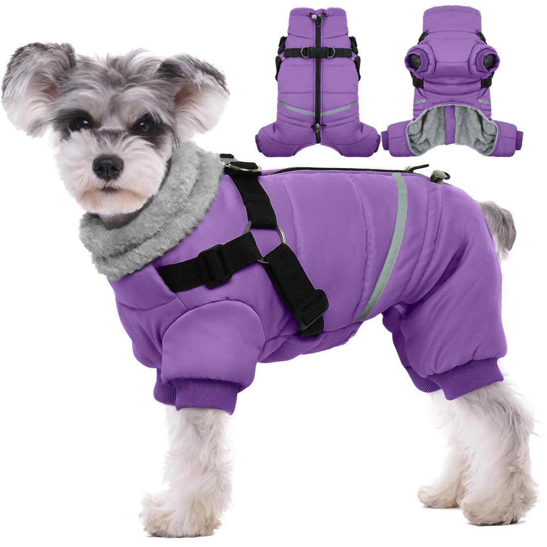 BRKURLEG Purple Dog Coat with Harness, Dog Winter Jacket