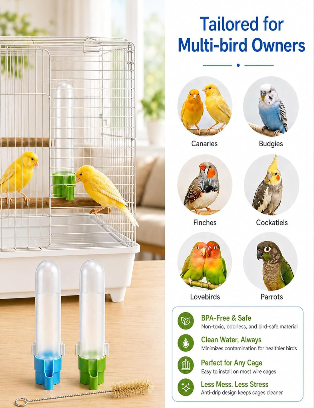 4 Pack Canary Water Dispenser with 2 Cleaning Brushes Set for Bird