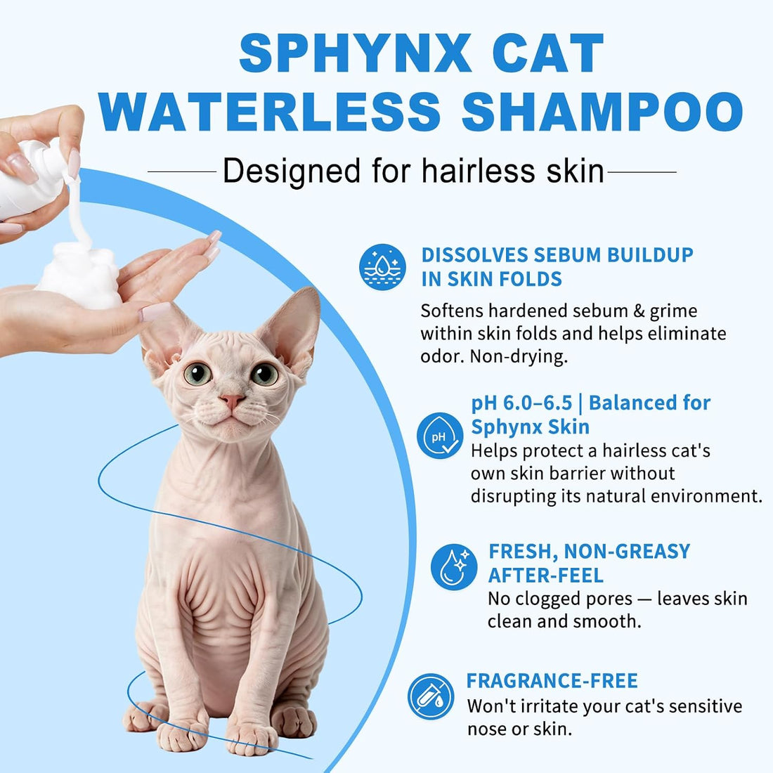 Sphynx Cat Waterless Shampoo, No-Rinse Foam for Oily Skin