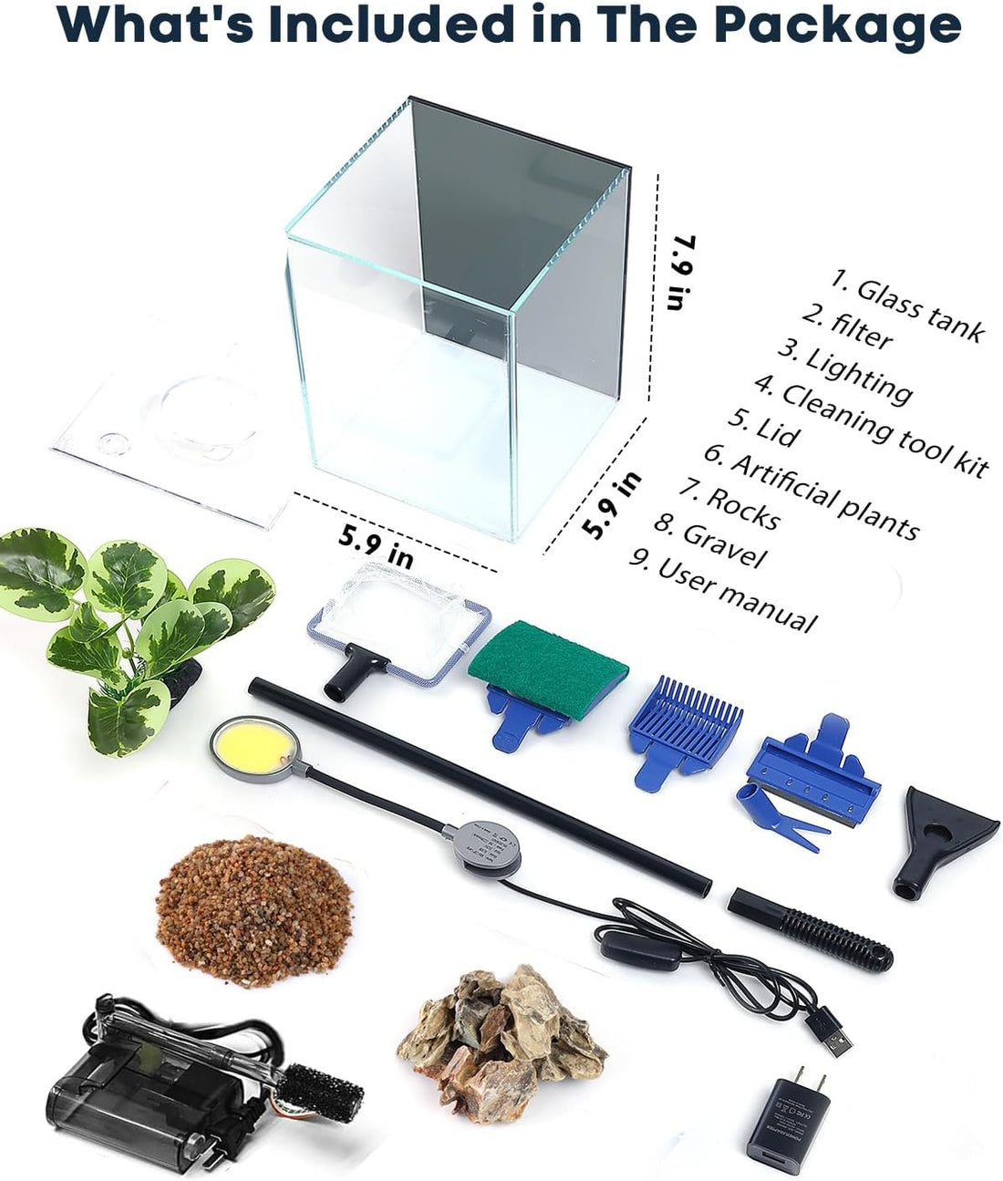 1.25 Gallon Fish Tank Small Glass Aquarium Kit Starter Set Dark