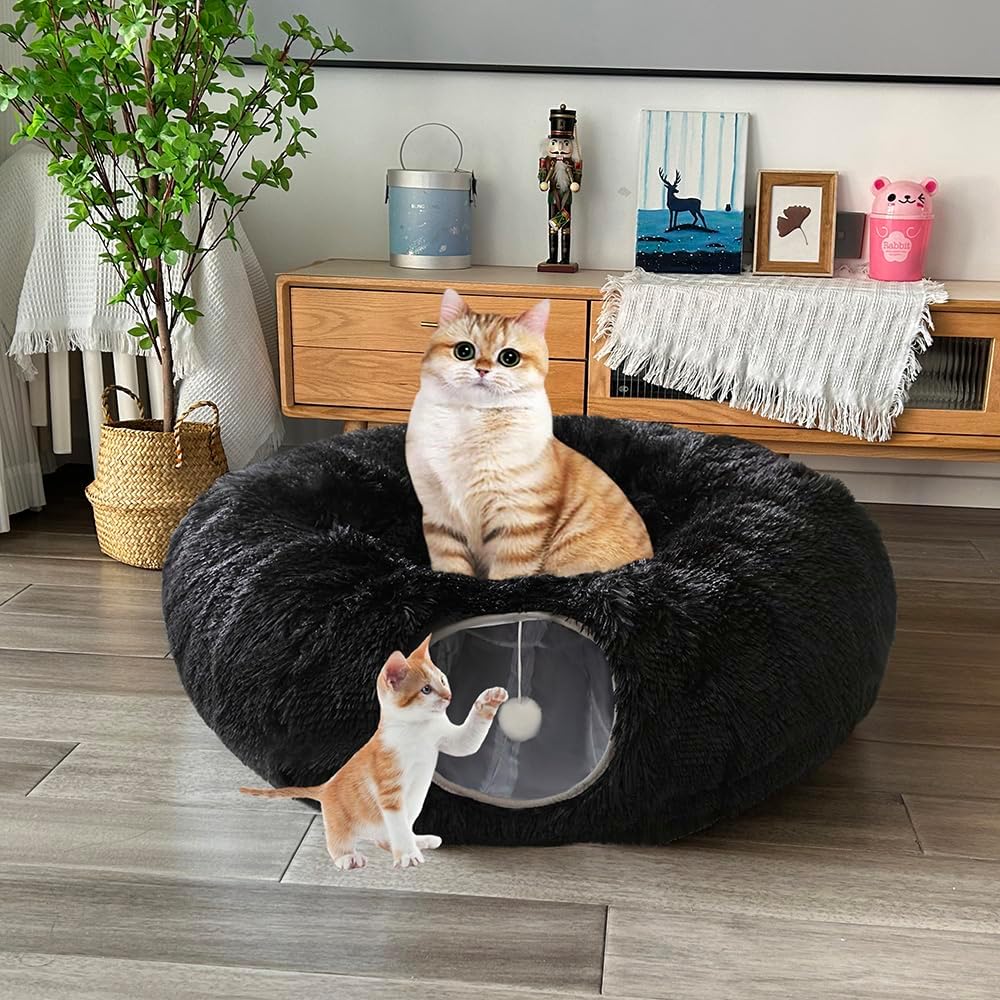 Fuzzy Cat Tunnel Bed for Indoor Cats, 2-in-1 Interactive Cat Toys