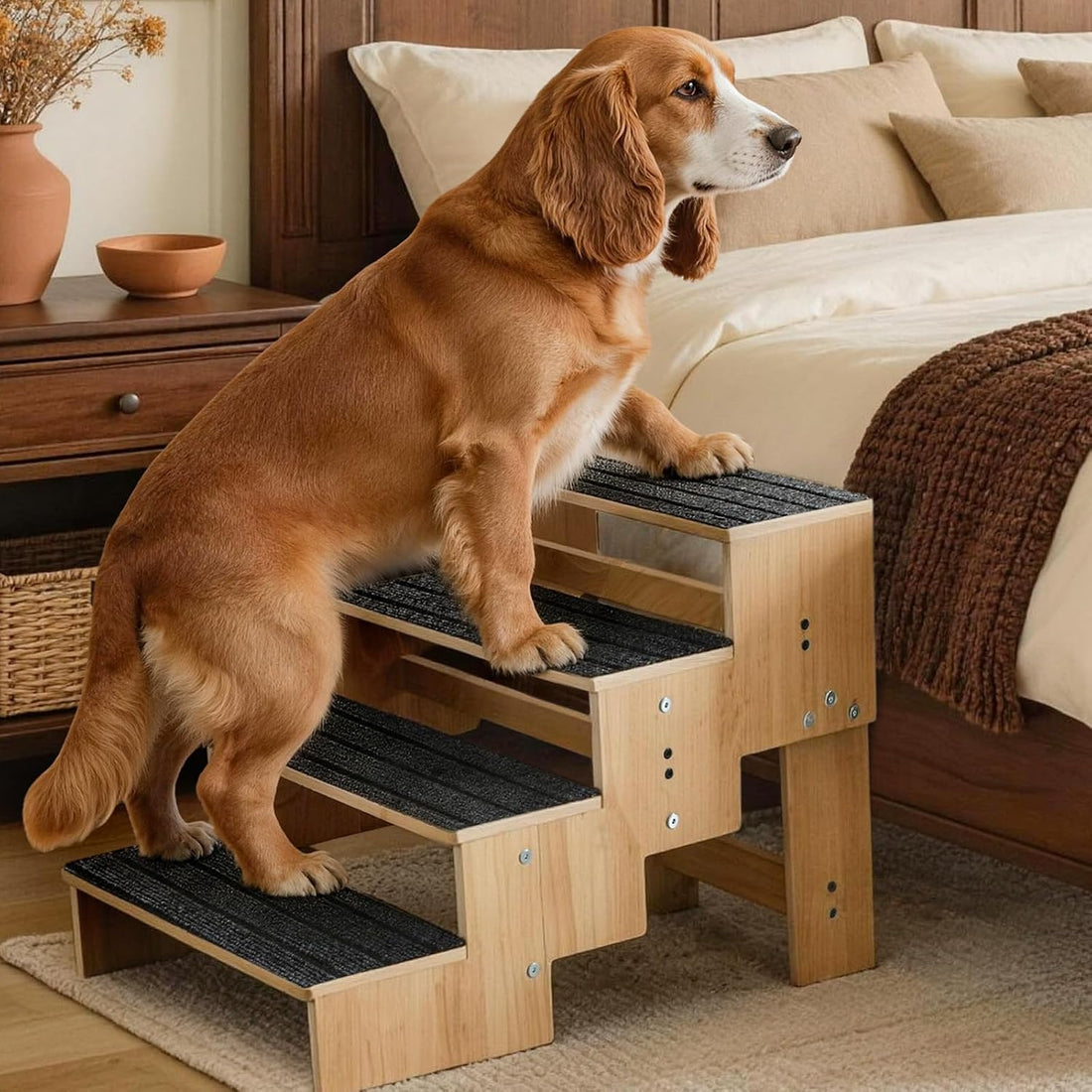 5-Step Wooden Dog Steps for Bed, Anti-Slip Dog Stairs with Carpet Pads