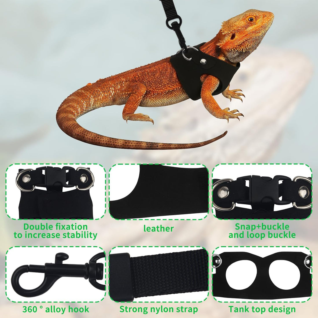 3Size Black Bearded Dragon Leash and Harness Set with Lizard Traction