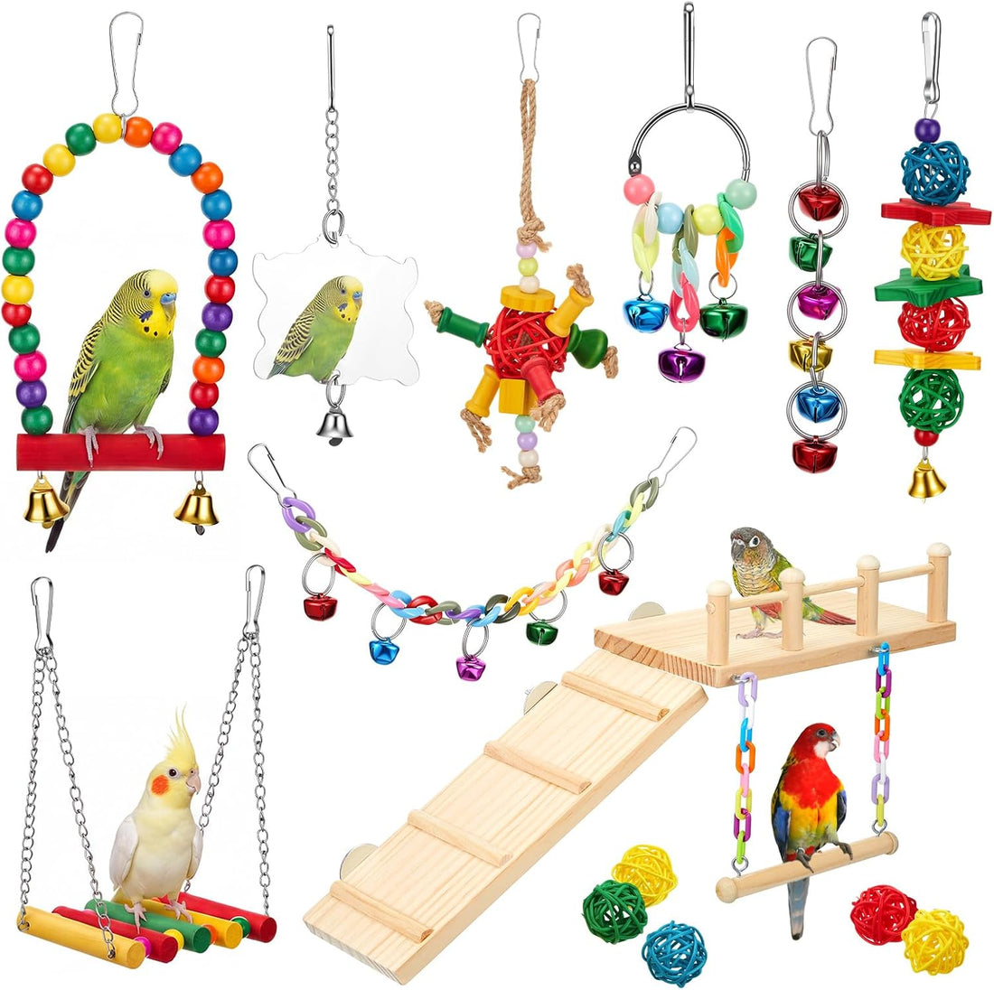 14 Pcs Parakeet Cockatiel Bird Toy with Platform