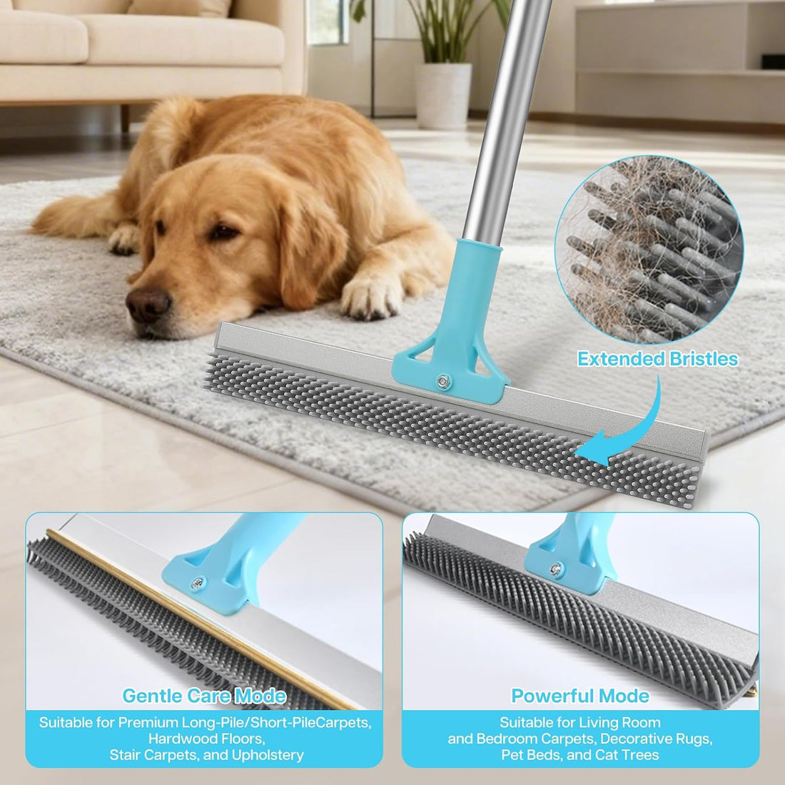 3PCS Carpet Rake for Pet Hair Removal, 54” Adjustable Long Handle