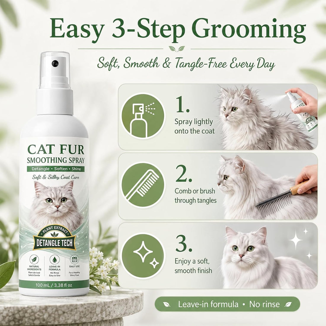 Cat Detangler Spray – Pet Hair Remover Spray for Cats & Daily Coat