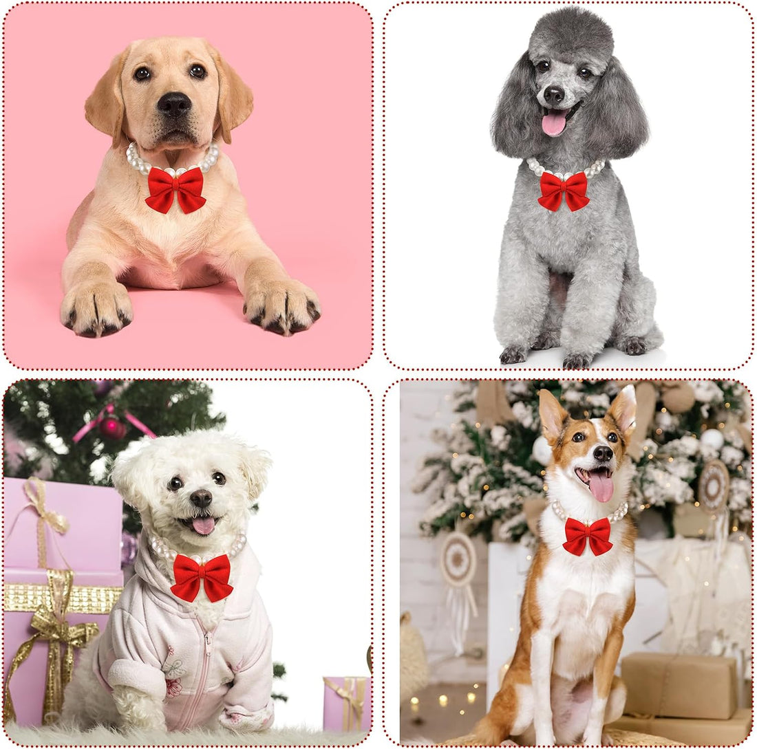 LEIFIDE Christmas Chunky Pearl Dog Necklace with Red Bow