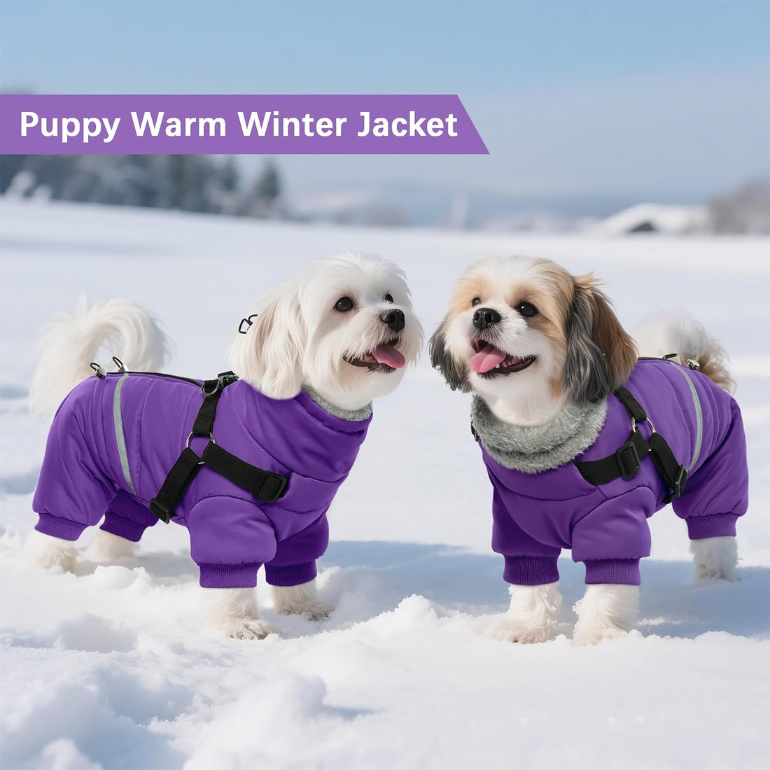BRKURLEG Purple Dog Coat with Harness, Dog Winter Jacket
