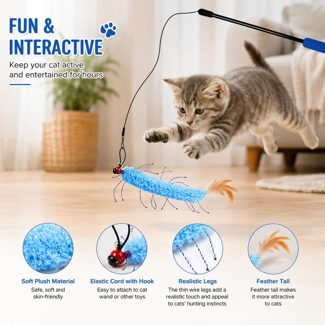4 Pcs Artificial Millipede Refills,Cat Wand Toy Attachments