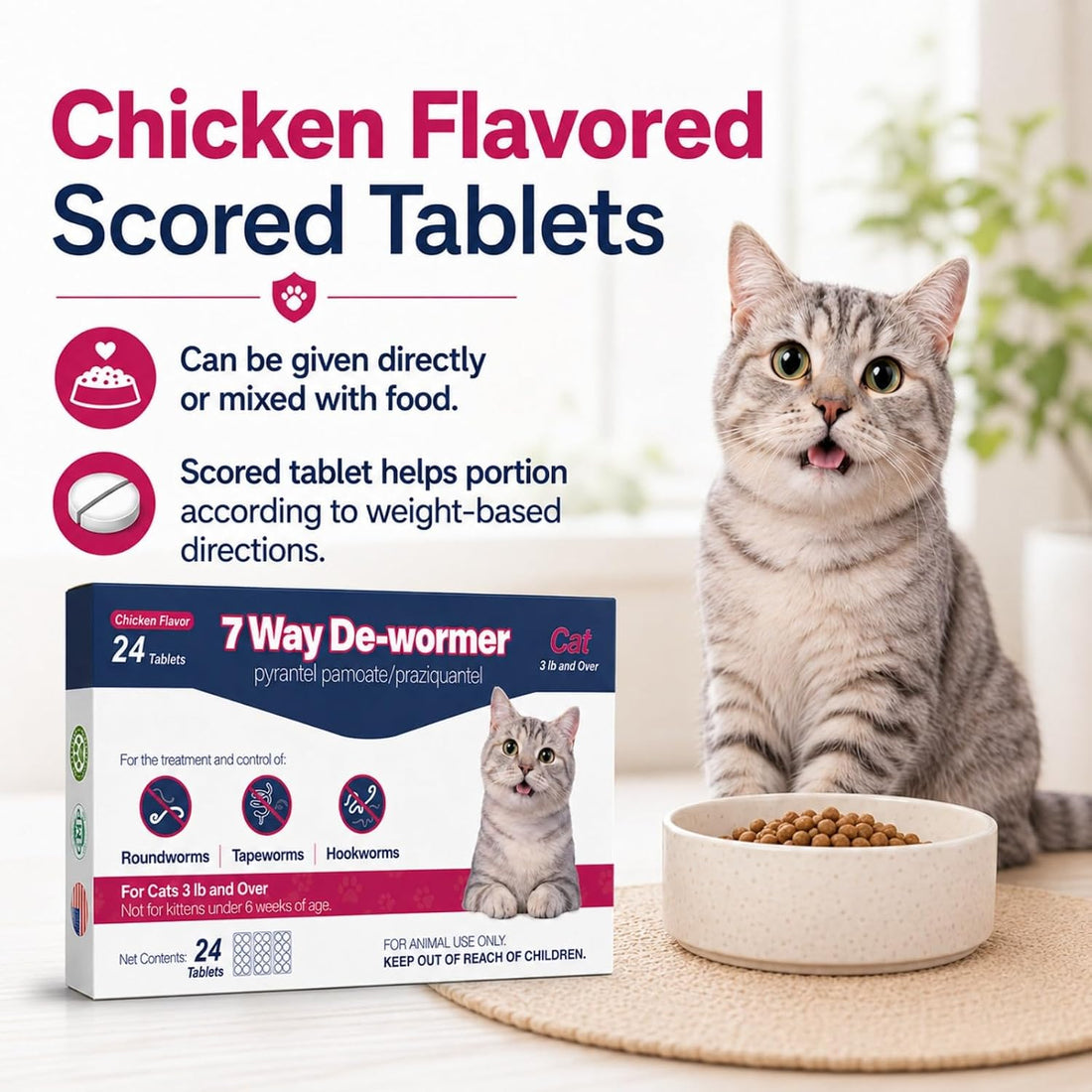 7 Way De-Wormer for Cats, Chicken Flavored Tablets for Roundworms