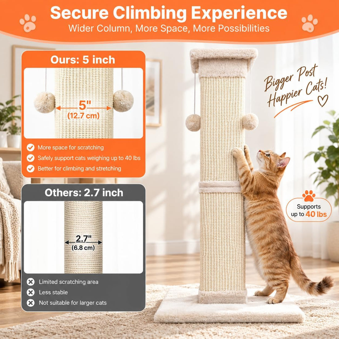 SOCATER Cat Scratching Post 33 Inch Nature Sisal Cat Scratch Post