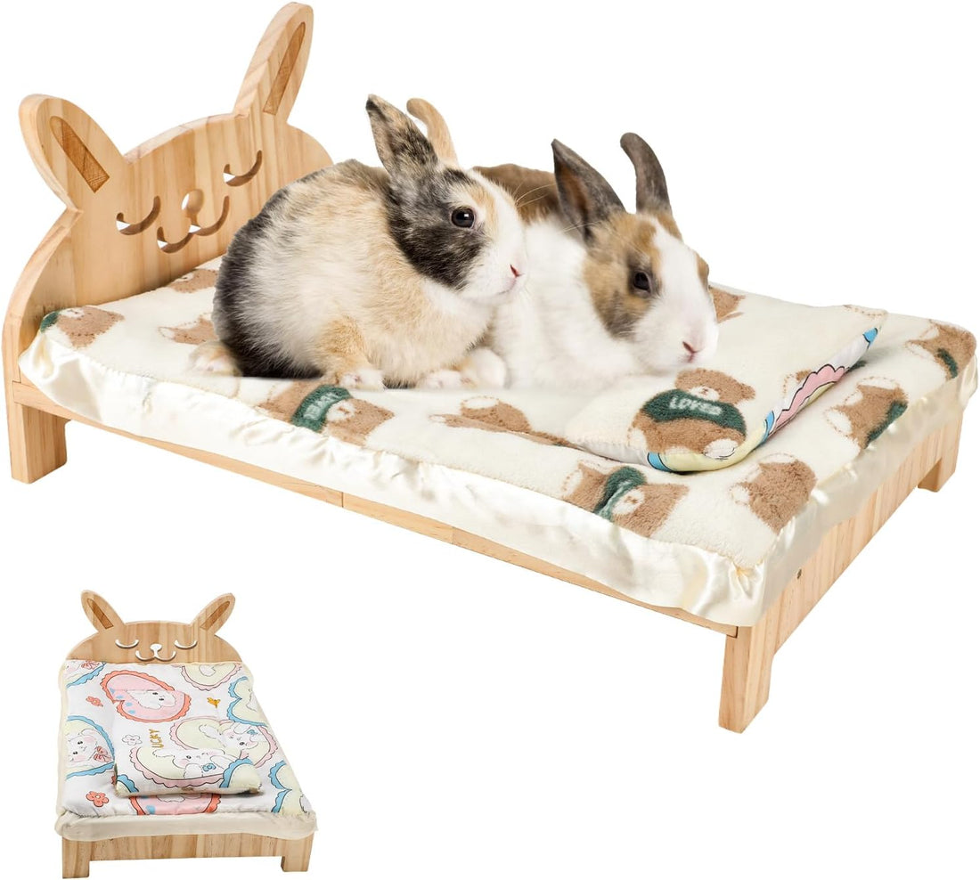 Large Wooden Rabbit Bed, 2-in-1 Bunny Bed with Gray Star Mat