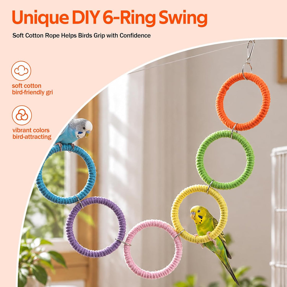 6-Ring Bird Swing Toy for Cage, Hanging Bird Rope Perch Toy