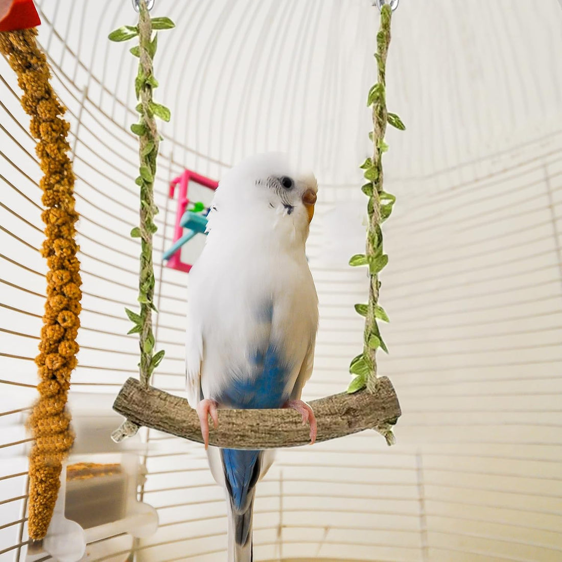 Hiwzitar Natural Wood Bird Swing Perch with Decorative Leaves