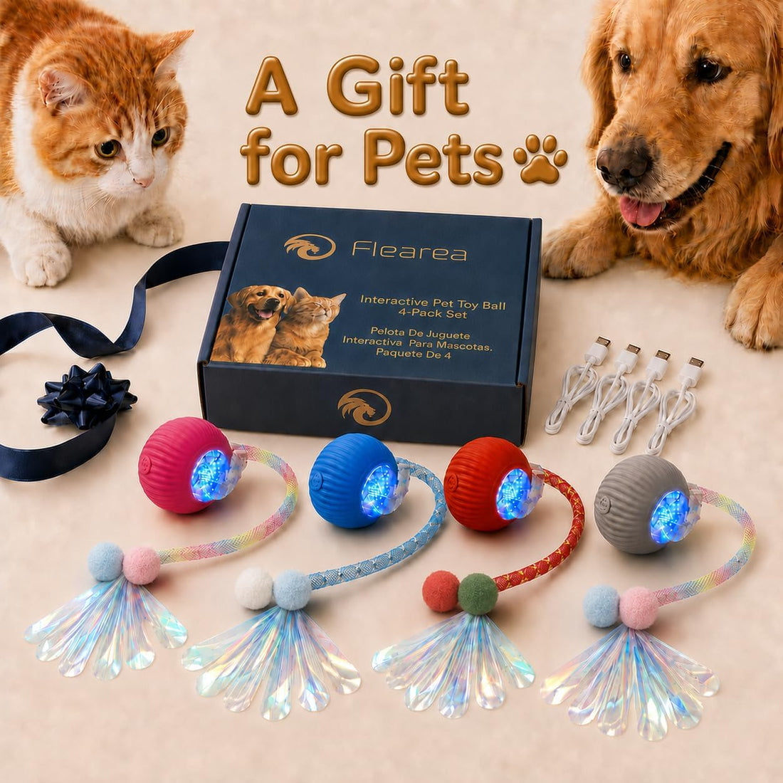 Pack-4 Interactive Cat Toys, Motion-Activated Rolling Ball with Shiny