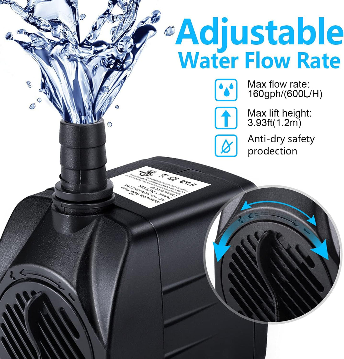CWKJ 160GPH Submersible Fountain Water Pump with 4.9ft Tubing