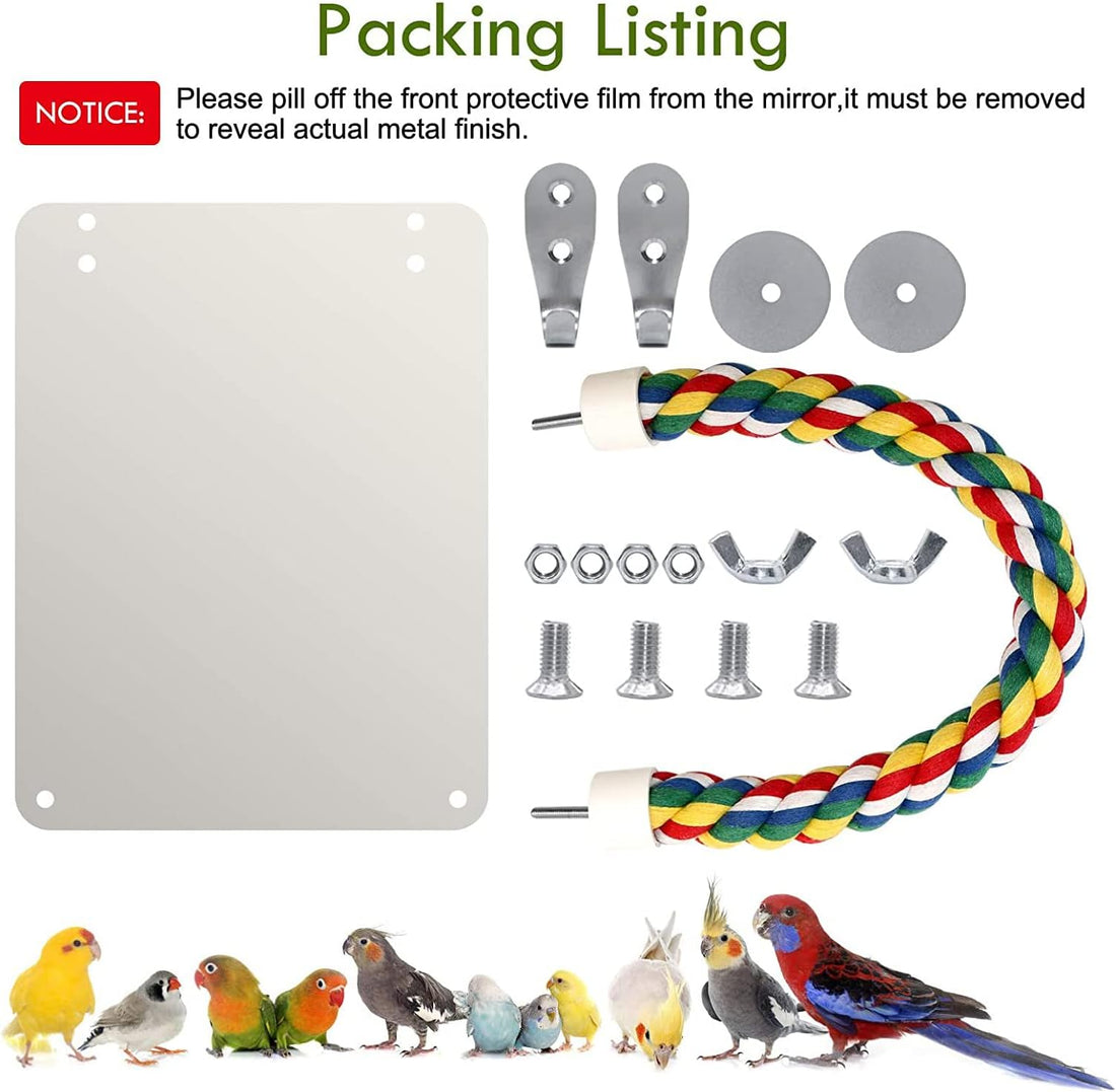 BWOGUE 7 Inch Bird Mirror with Rope Perch Cockatiel Mirror for Cage