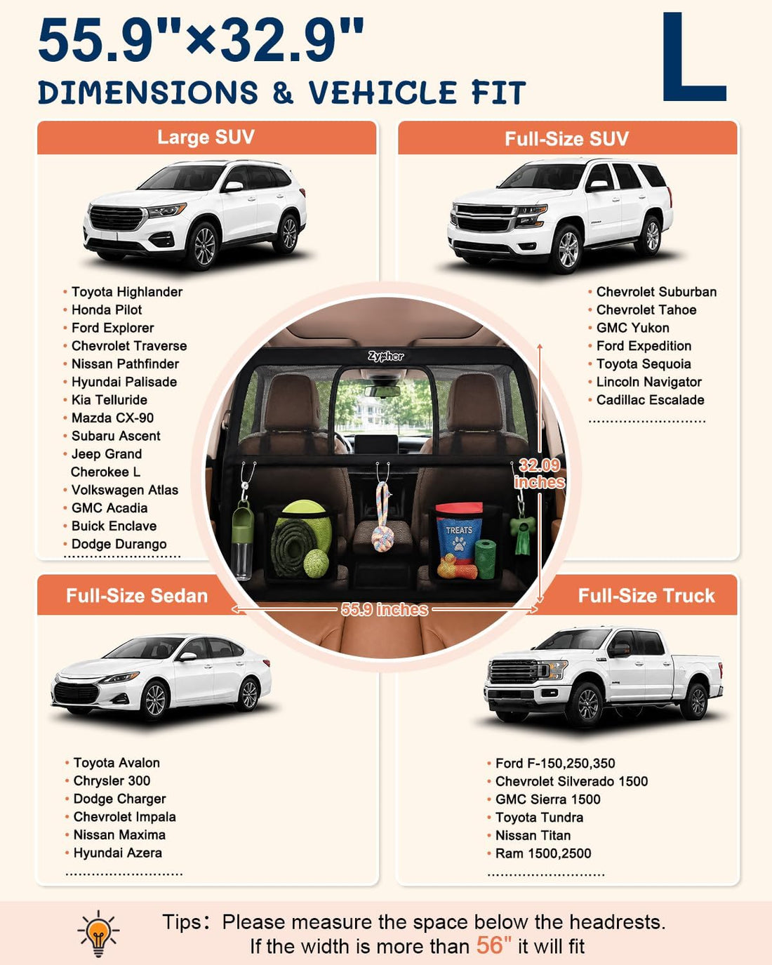 50 Inch Wide Dog Car Barrier for 2nd 3rd Row Seats & Cargo Area