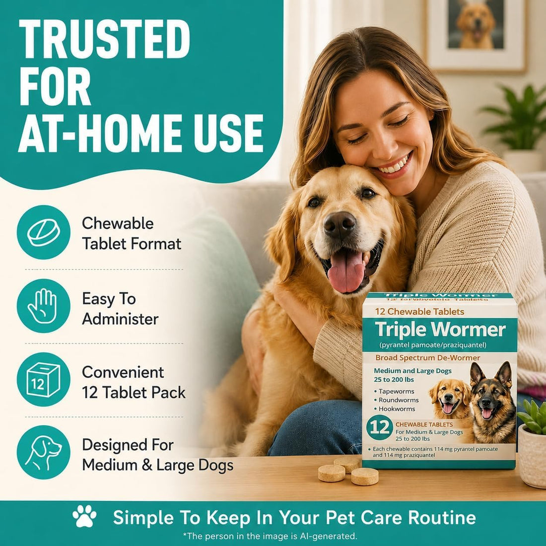 Pyrantel Pamoate and Praziquantel De-wormer Tablet for Medium & Large