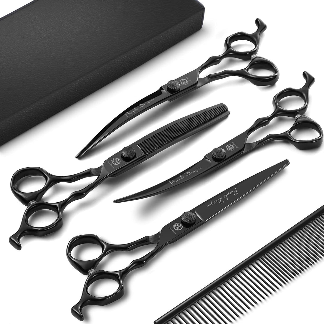 Purple Dragon Dog Grooming Scissors Set - Curved Thinning