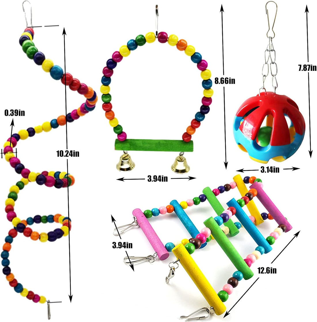 Hamiledyi Bird Parrot Swing Chewing Toy Set 15PCS Wooden Hanging Bell