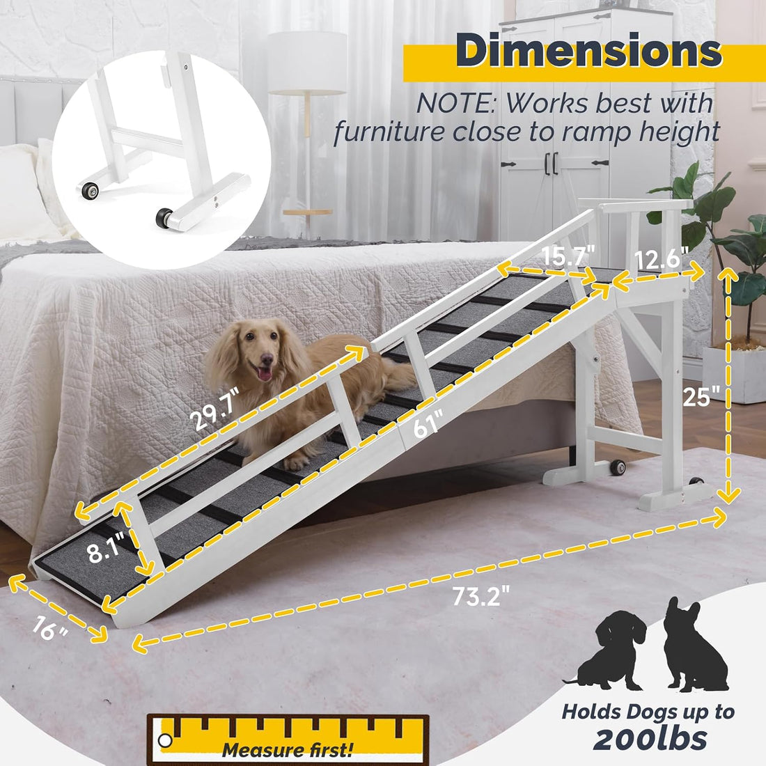 Dog Ramp for Bed or Couch, Wooden Pet Ramp with 20° Gentle Slope
