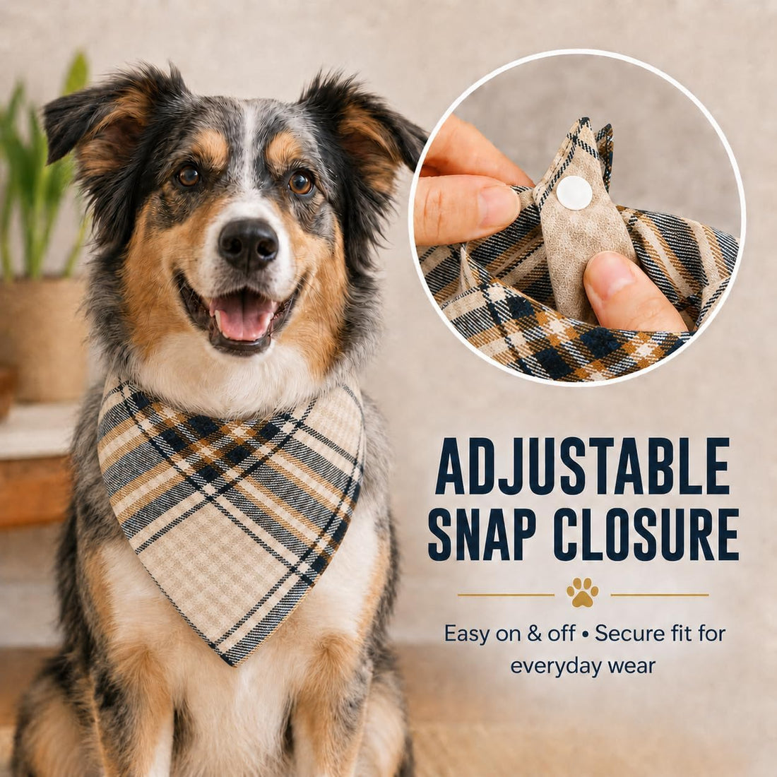 Adjustable Dog Bandana, Beige & Navy Plaid