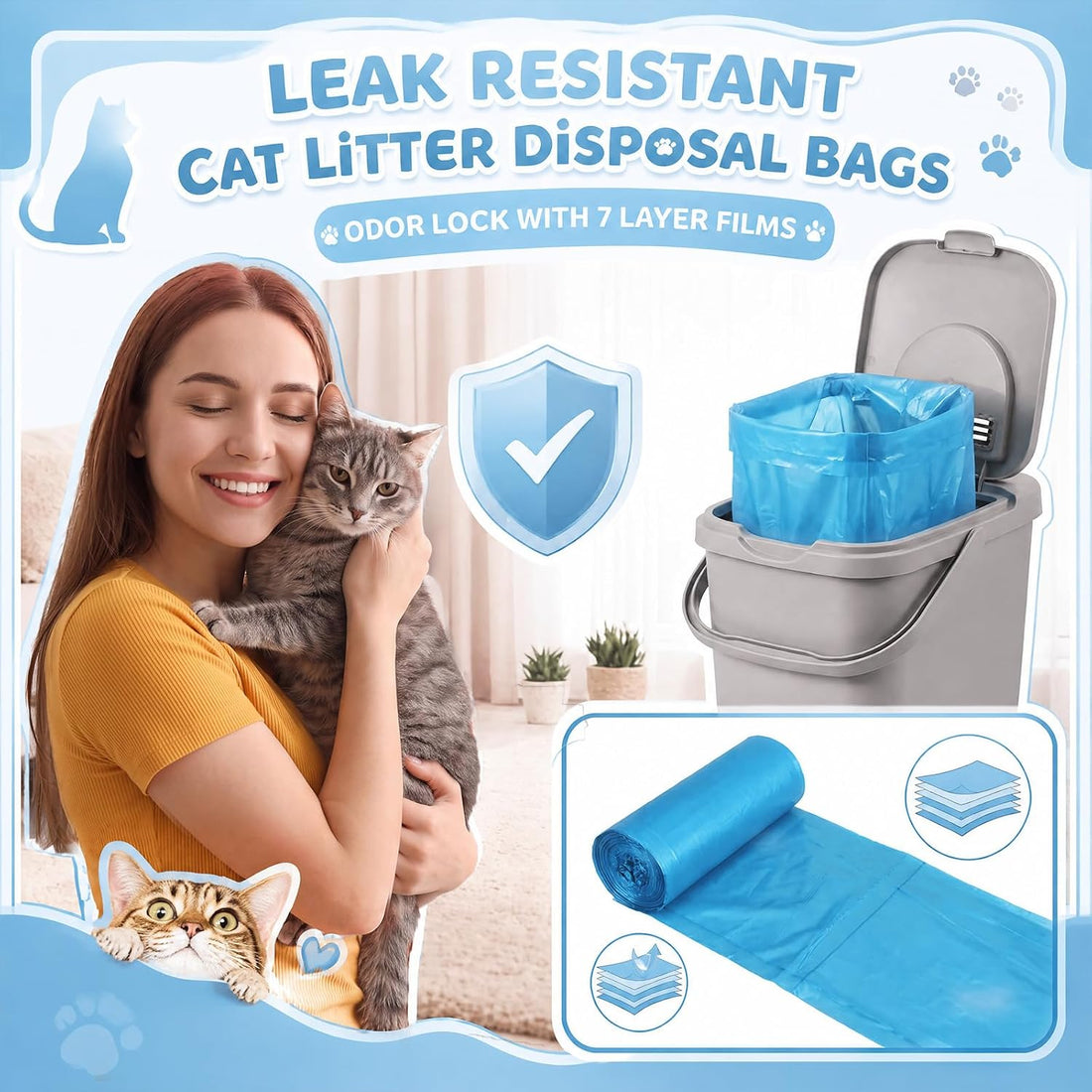 Glenmal 50 Count 2 Rolls Cat Litter Refill Bags, 7-Layer Odor Control