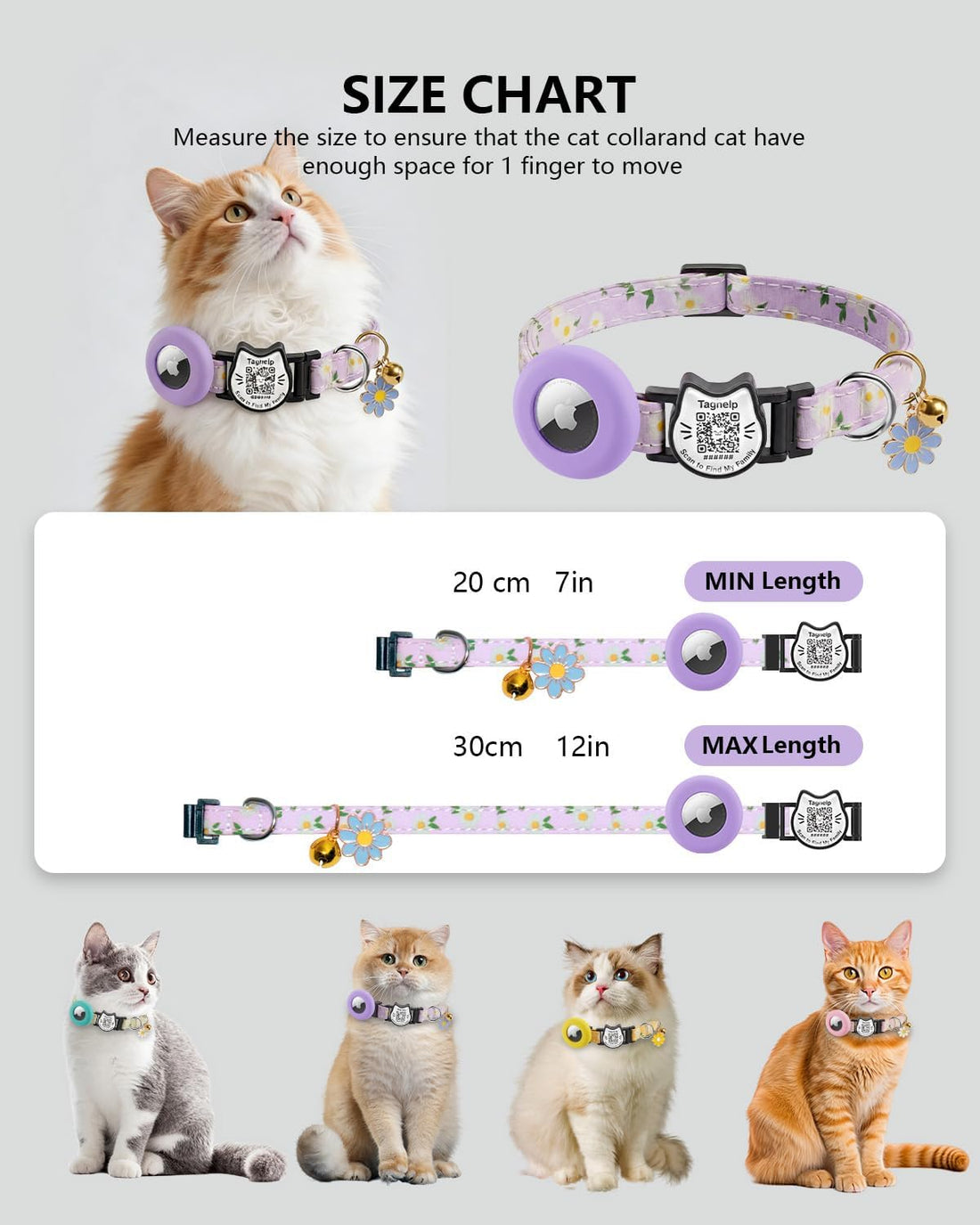 Flowers Pendant Cute Cat Collar with AirTag Holder,QR Code ID Tag