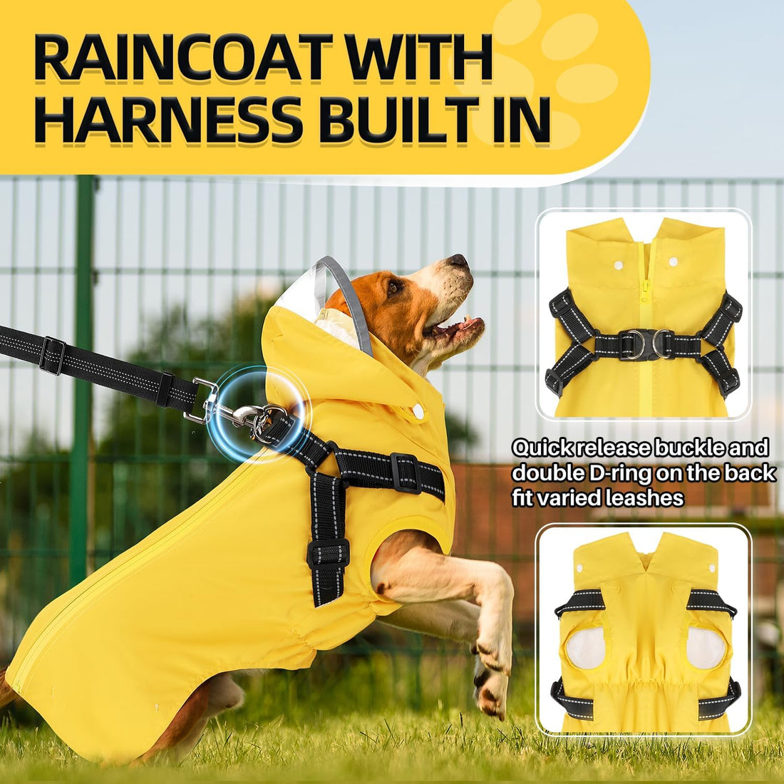 Lukovee Dog Raincoat, Waterproof Jacket with Harness & Removable Hood