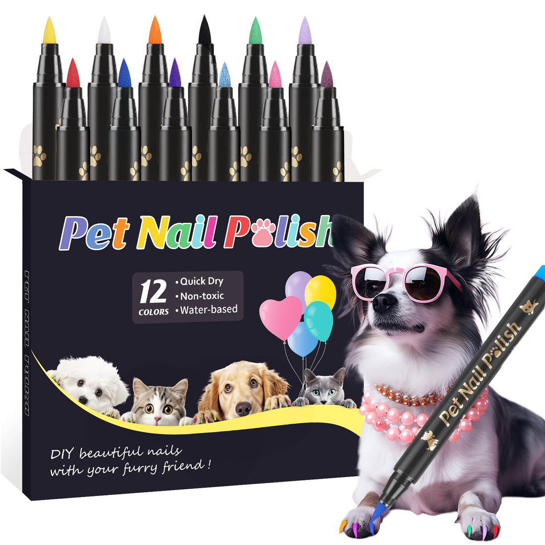 Cherocito Dog Nail Polish Pens Quick Dry,12 Colors Safe Dog Nail