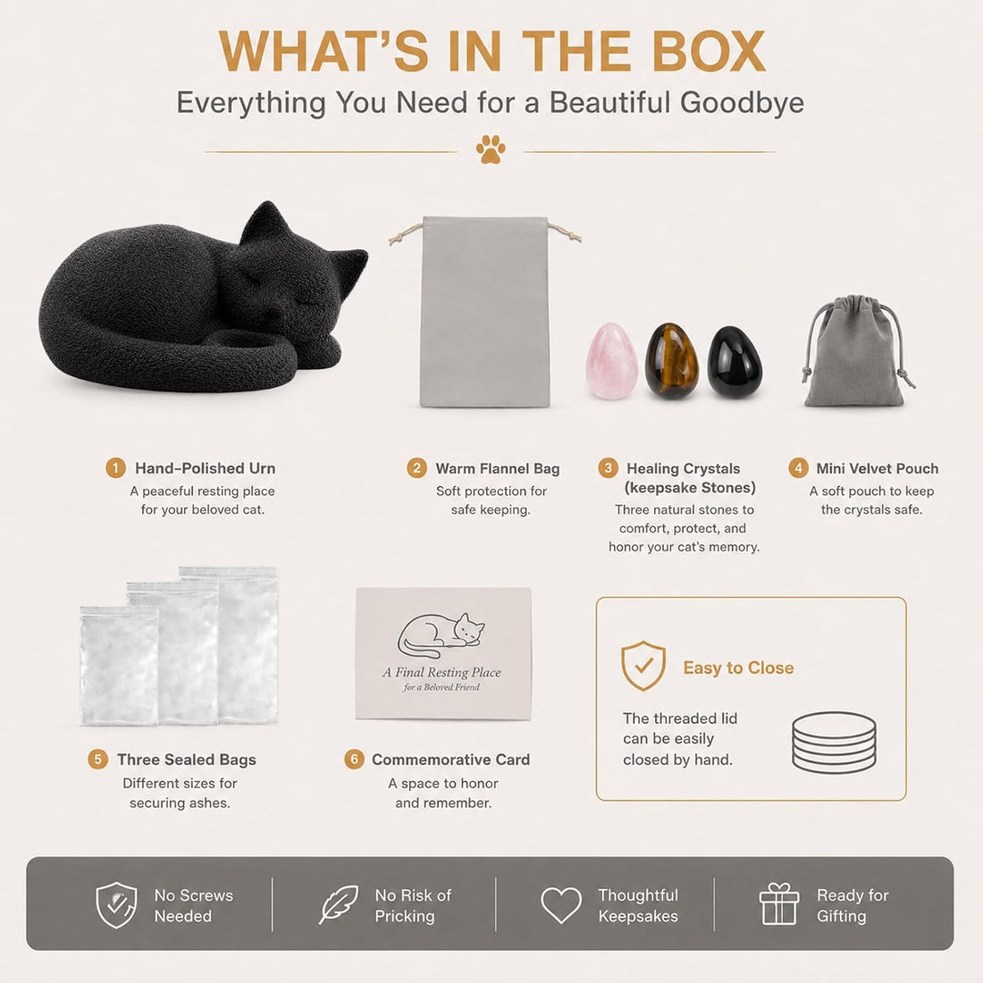 Black Cat Urn for Ashes with Crystal Stones Memorial Keepsake