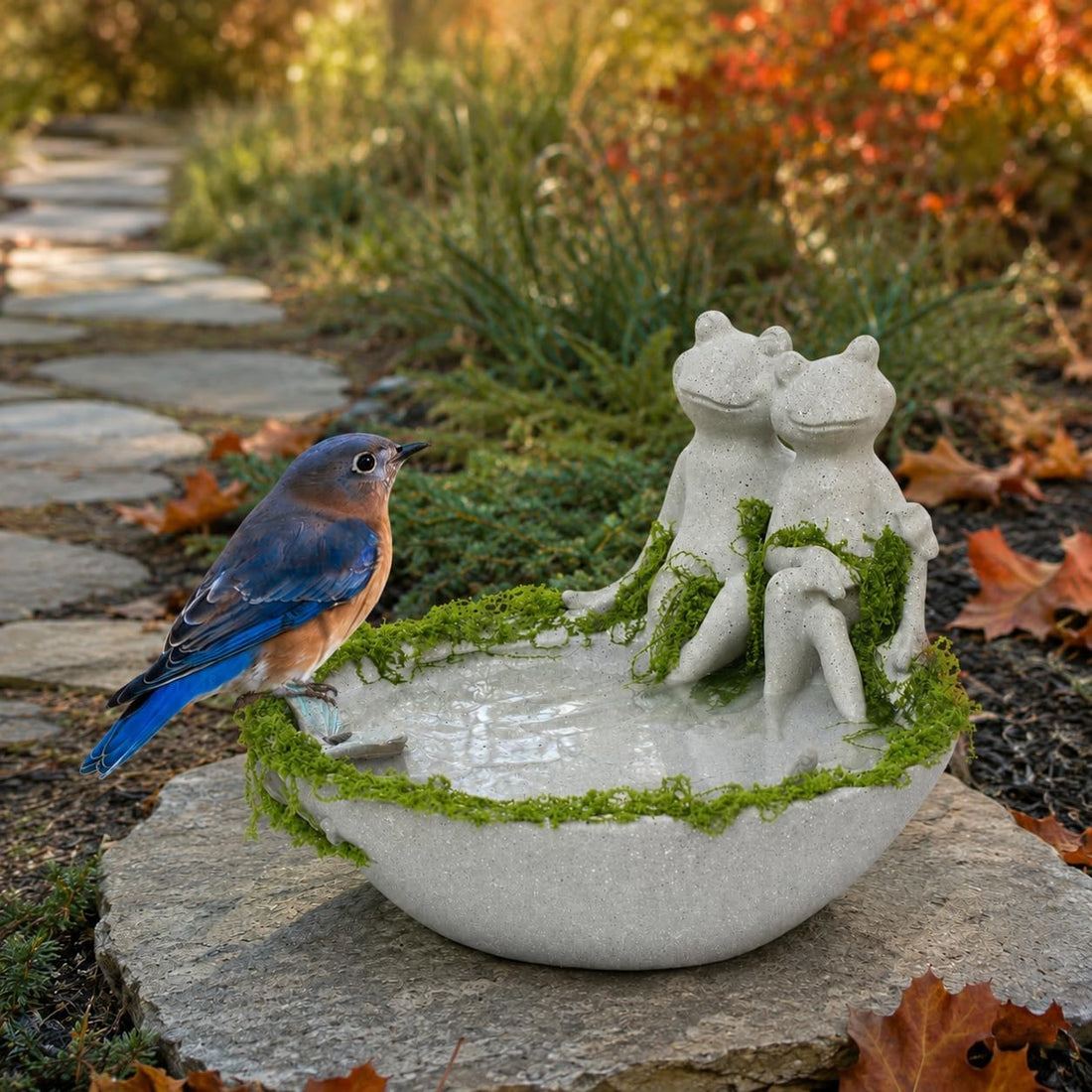Frog Couple Bird Bath for Outdoors, Small Resin Ground Birdbath Bowl
