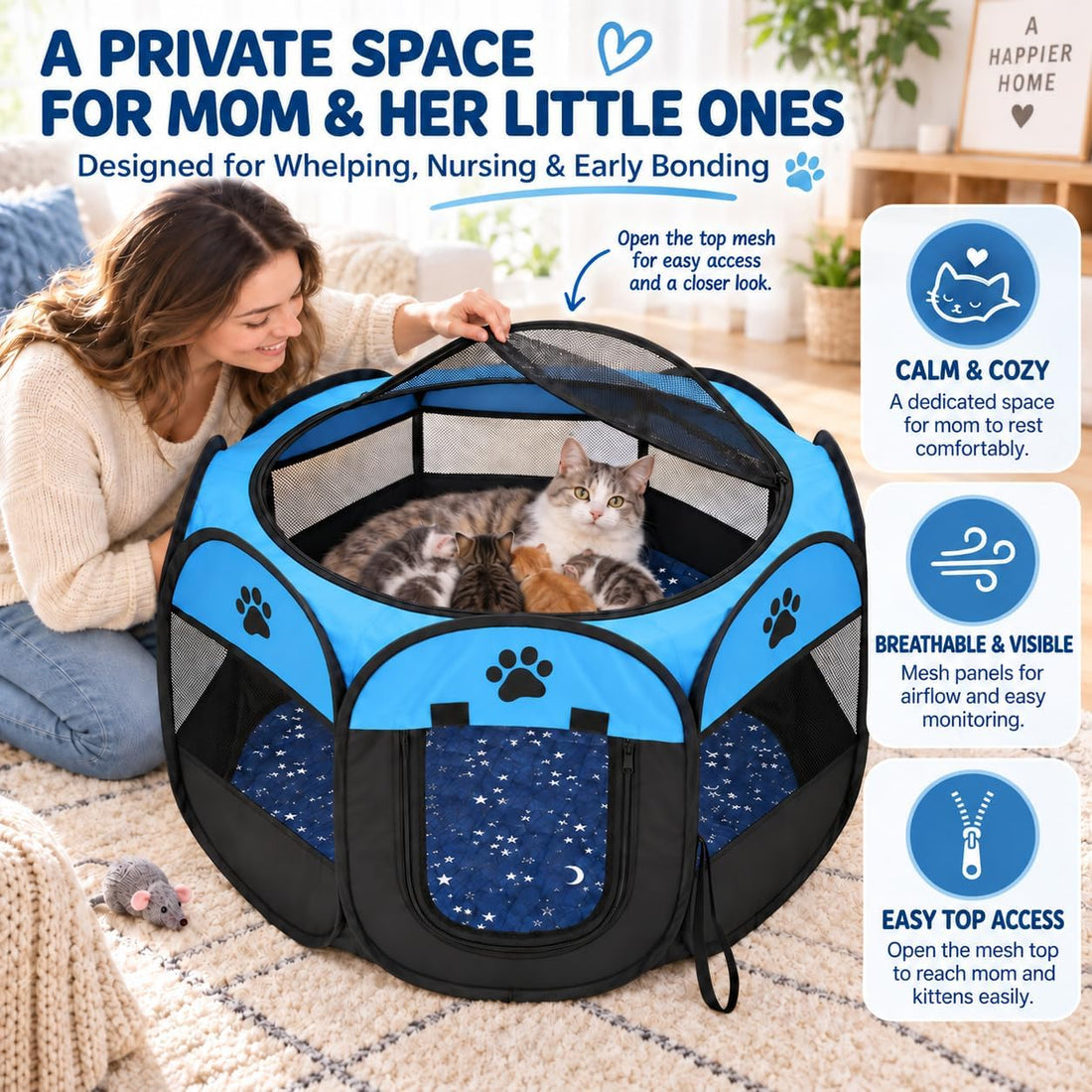 Whelping Box for Cats, Pop-up Playpen for Kittens and Mom