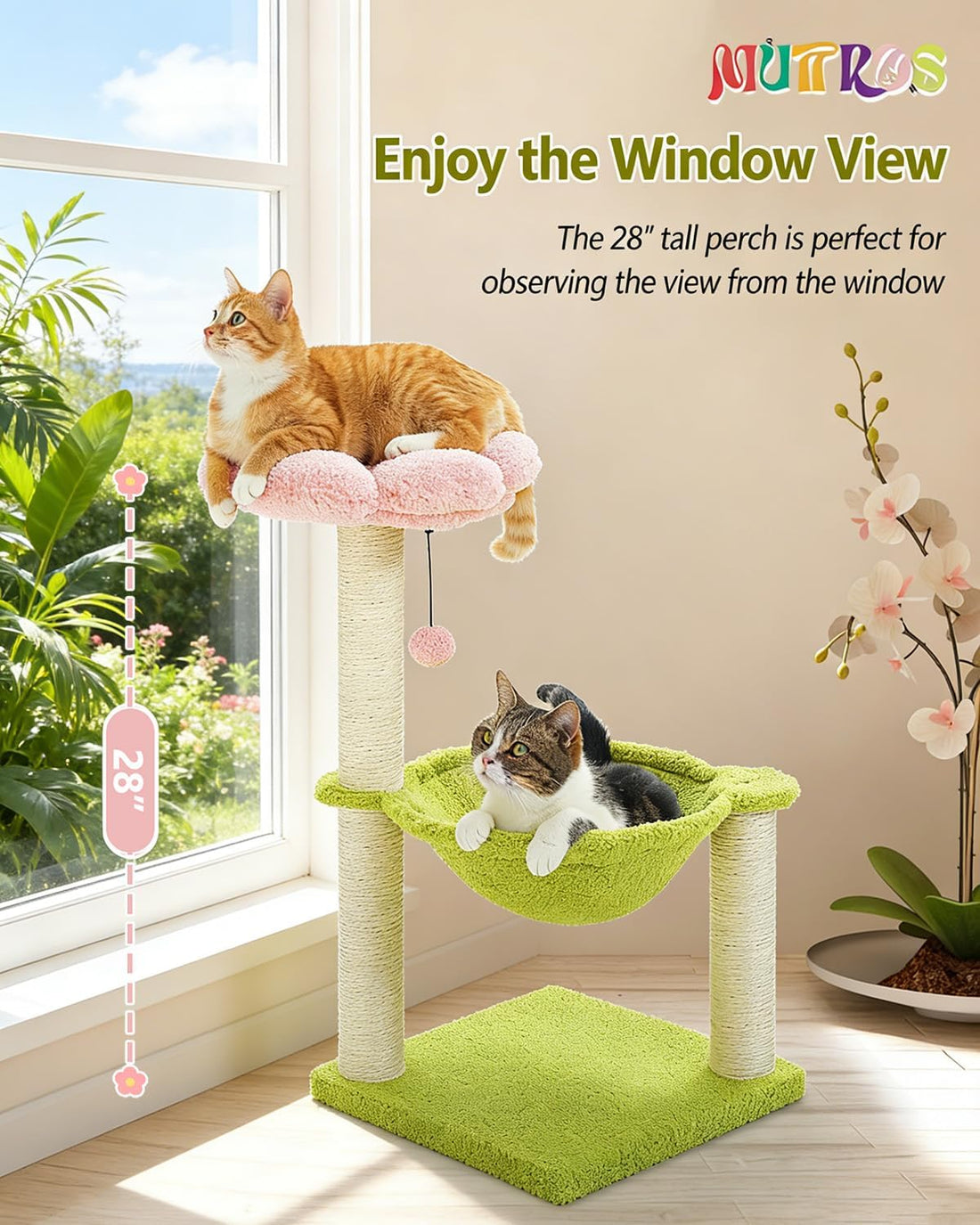 MUTTROS 28" Flower Cat Tree with Hammock & Sisal Post for Kittens