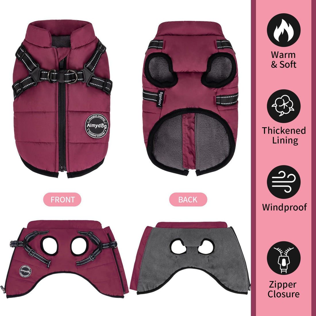Warm Dog Winter Coat, Dog Cold Weather Jacket with Built-in Harness