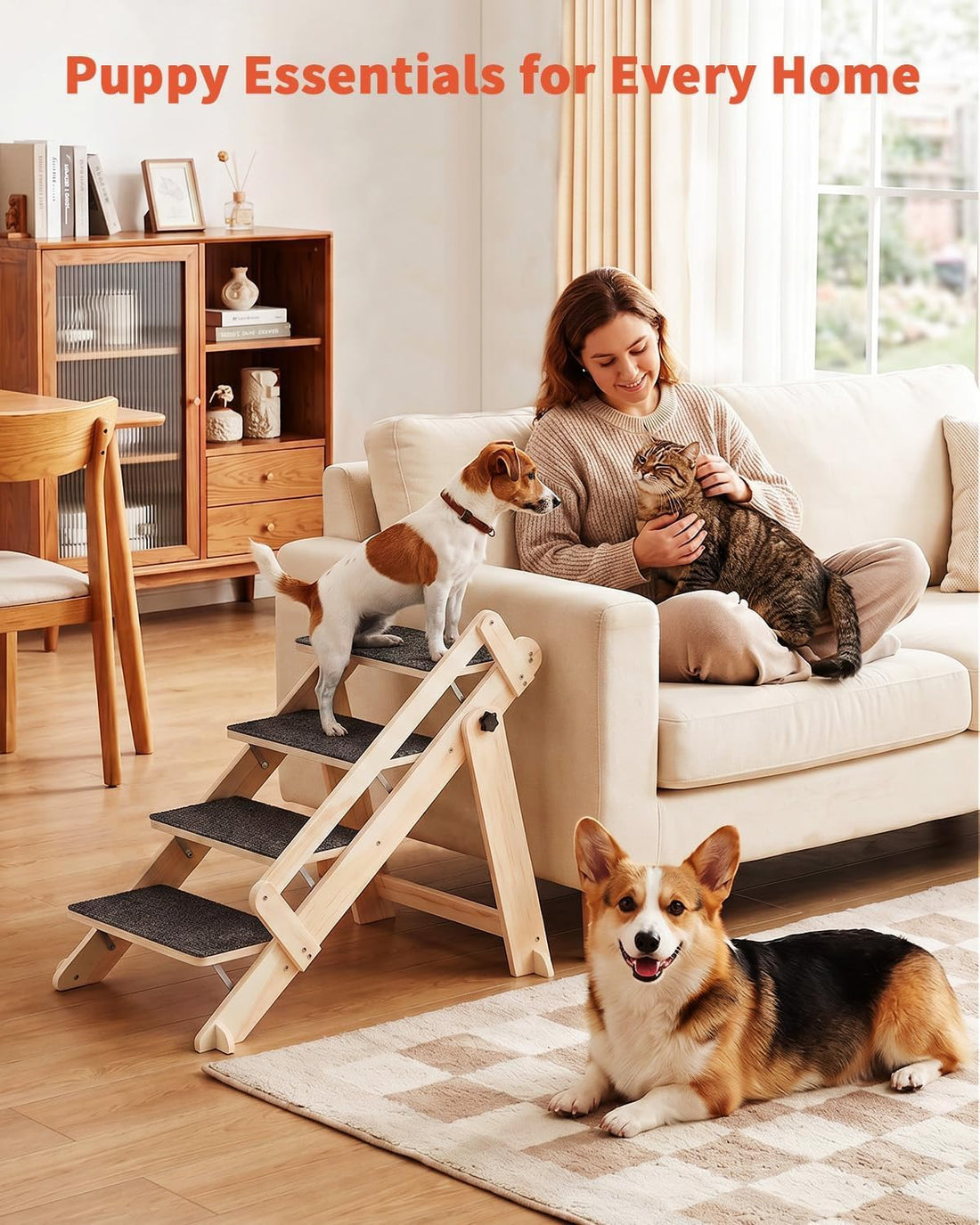 Woodure Foldable Dog Stairs, Convertible 4-Step Wooden Dog Ramp