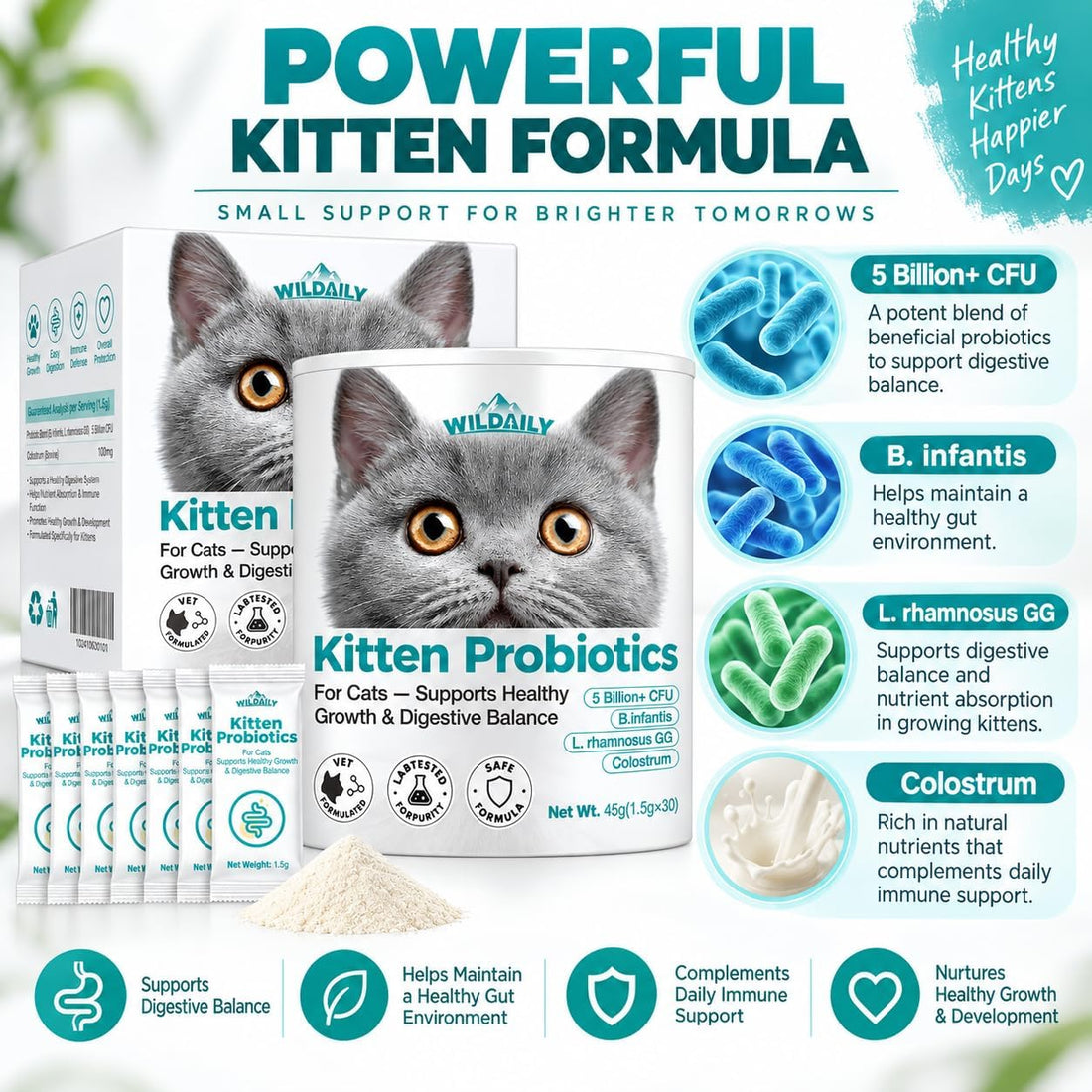 Wildaily Cat Probiotics,Veterinary-Formulated Kitten Probiotics