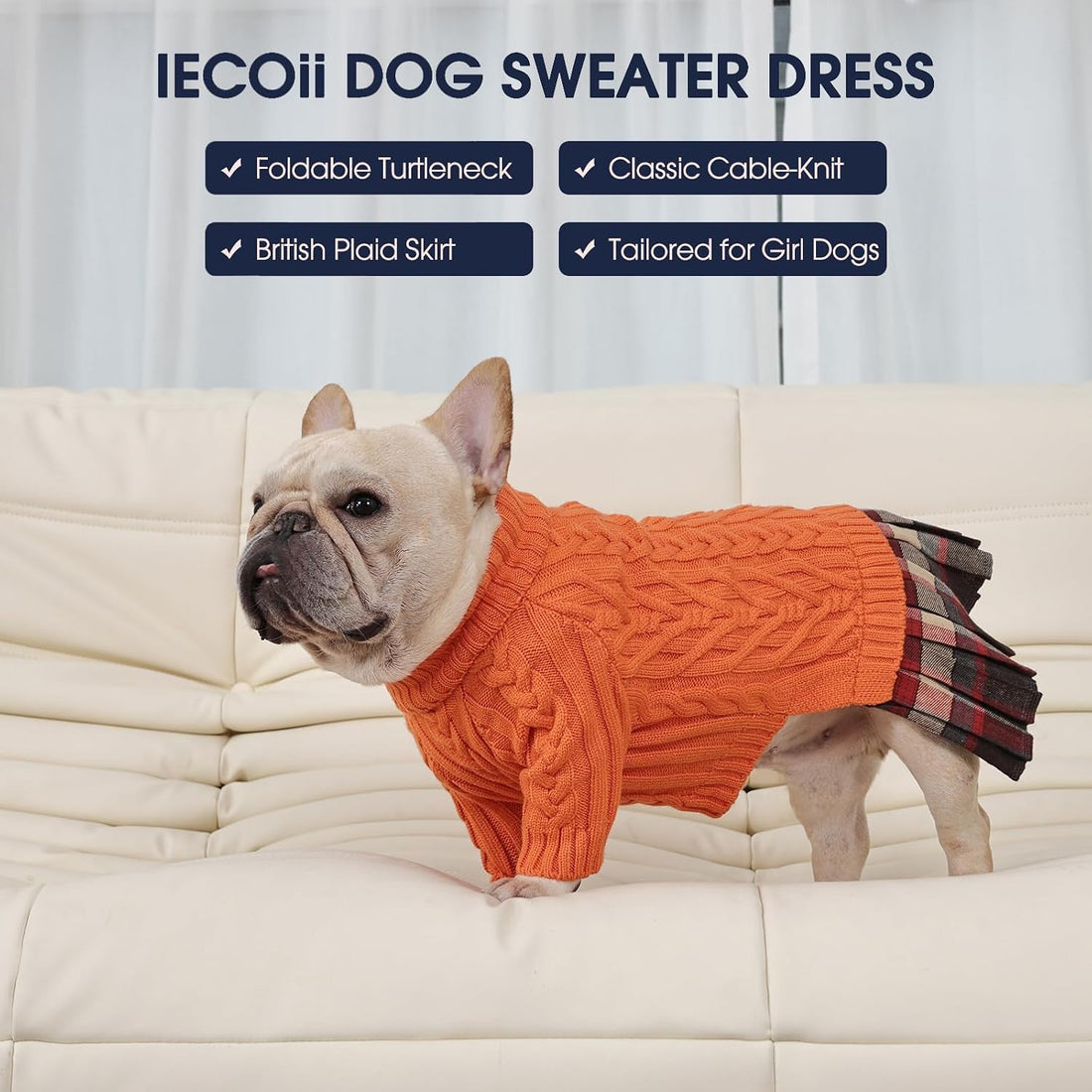 IECOii Dog Sweater Dress for Female Dogs, Knit Girl Dog Sweater Skirt