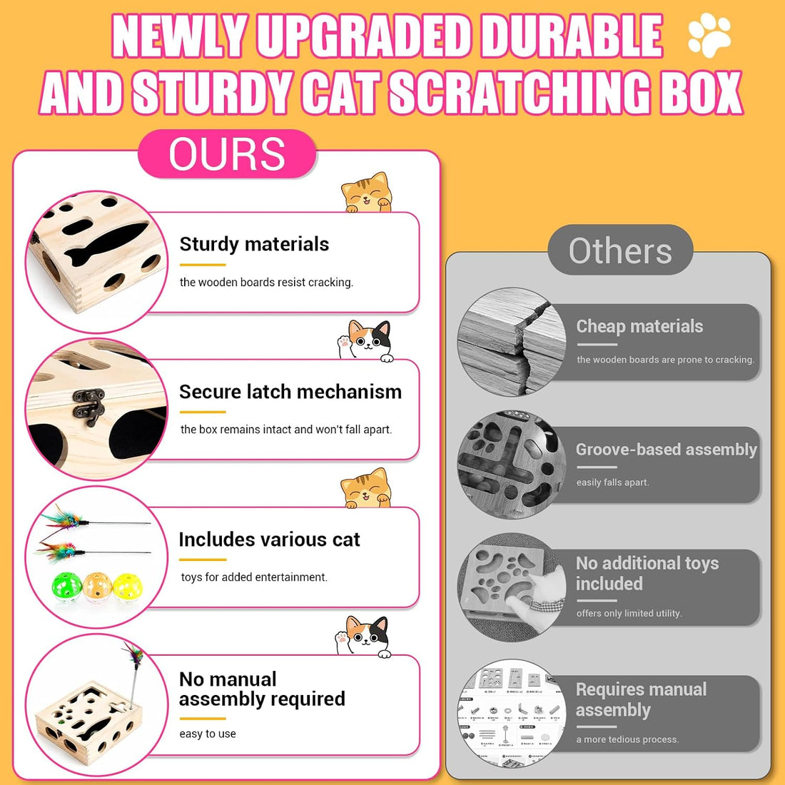 Large Cat Nail File Box, Sturdy Wood Cat Scratch Puzzle Enrichment Box